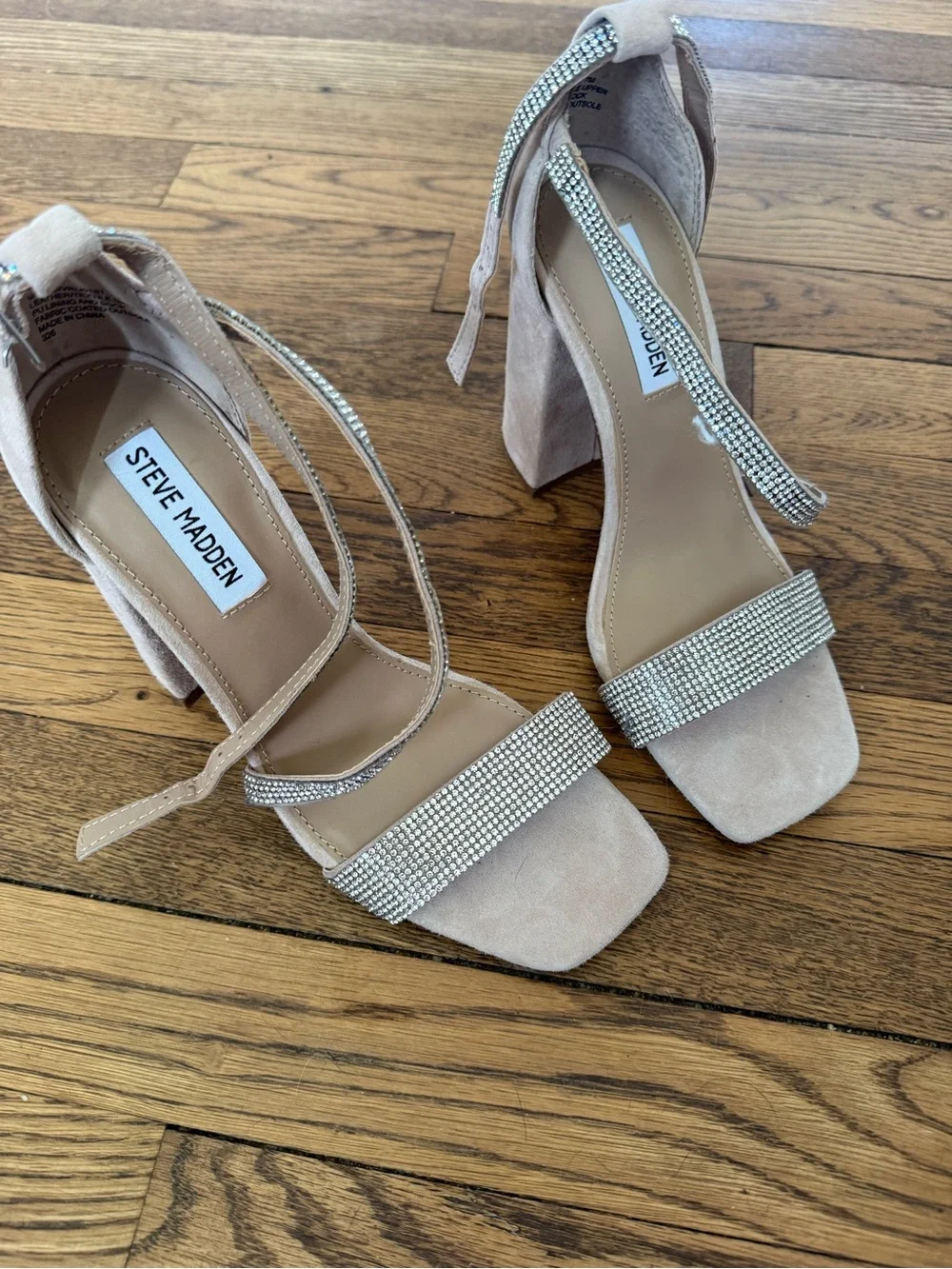 Steve Madden Nude Suede Block Heels with Rhinestone Straps size 7
